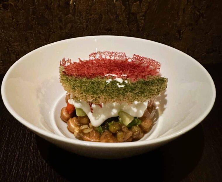 Ghewar chaat, avocado, strawberry, pomelo, yoghurt ice cream 