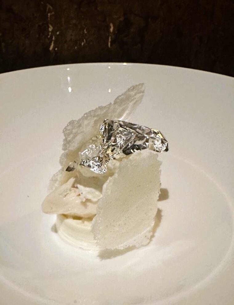 Tresind dessert is pandan payesh, vanilla ice cream, sour milk ice cream, milk crisp.