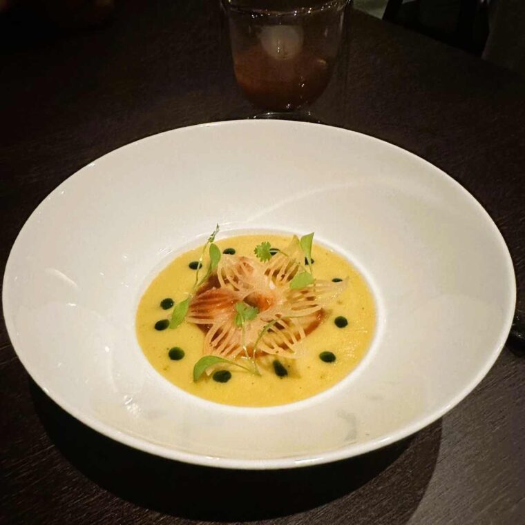 Tresind prawn and asparagus, zeera aloo espuma, tomato rasam