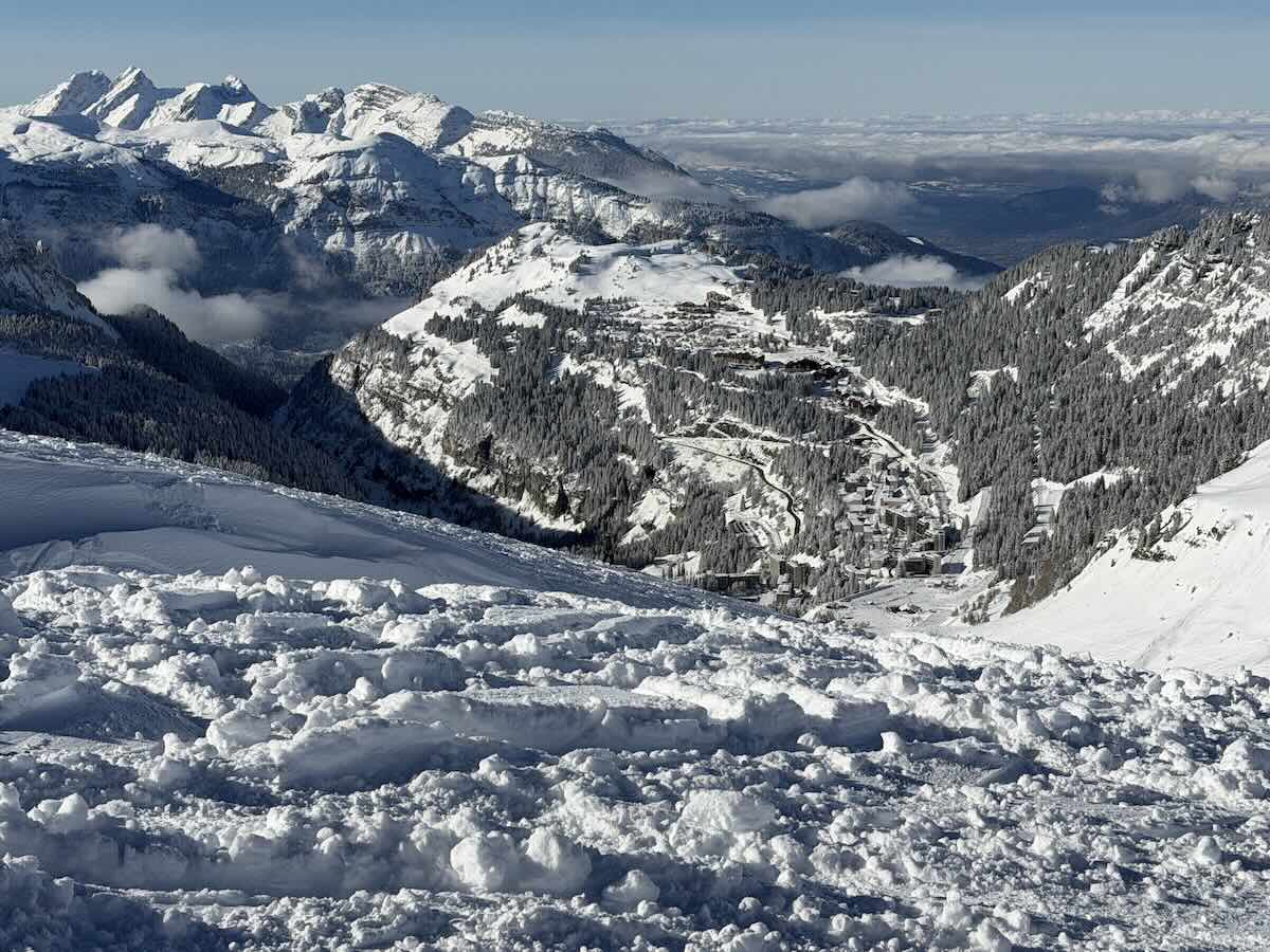 View of Flaine from the piste on a short ski break in the Grand Massif