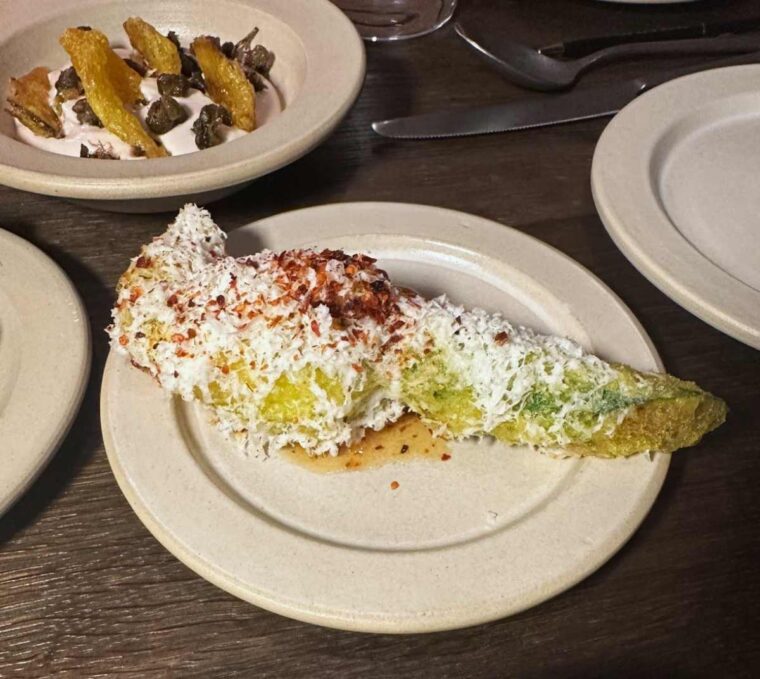 KID restaurant courgette flower, Tulum goats cheese, Atom honey