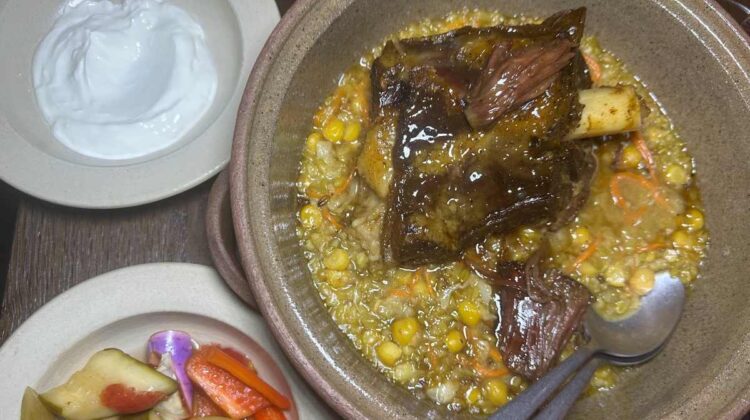 KID restaurant roast kid, fig leaf, freekeh with pickles and yoghurt