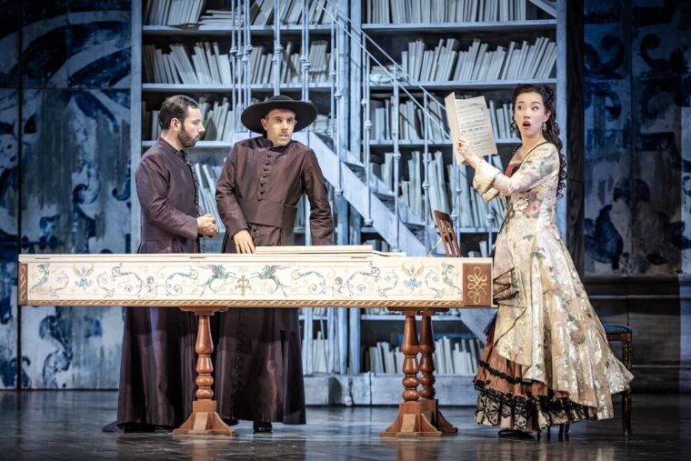 Basilio (Cumhur Görgün), Count Almaviva (Nico Darmanin) and Rosina (Hongni Wu). The Barber of Seville, Glyndebourne Autumn Season 2026