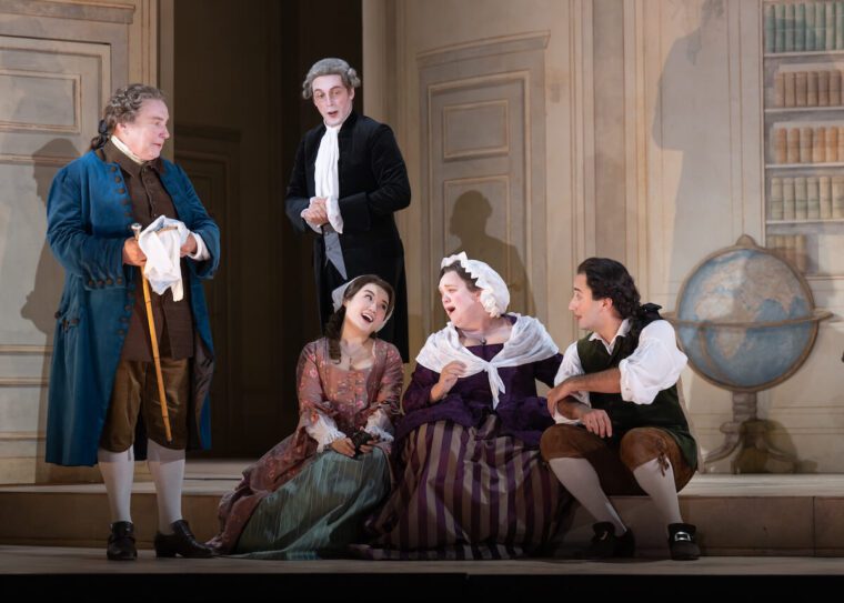 Dr Bartolo (Henry Waddington), Don Curzio (Marcus Swietlick), Susanna (Henna Mun), Marcellina (Madeleine Shaw) and Figaro (Jasurbek Khaydarov). The Marriage of Figaro, Glyndebourne Autumn Season 2026