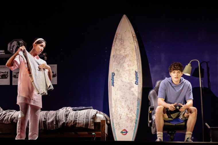 Janette Manrara (Rosa) and Noah Schnapp (Dylan) in 'Affluenza' at Riverside Studios - credit Danny Kaan