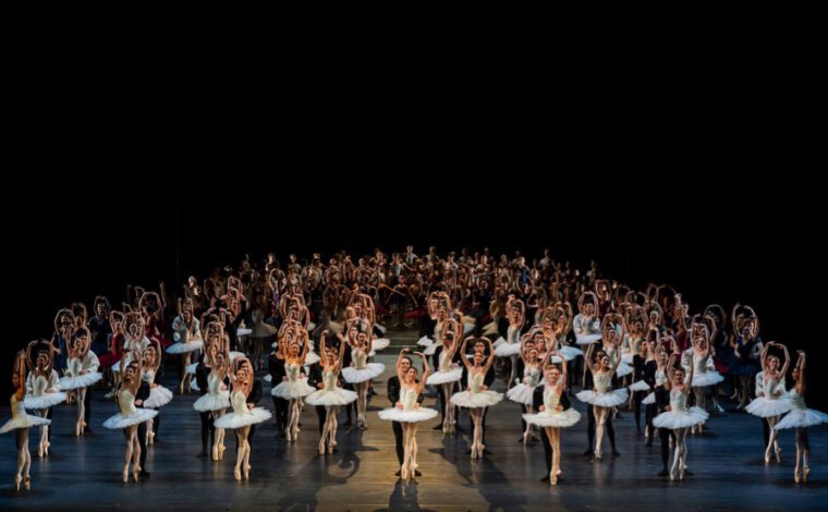 A Centenary Celebration, the finale: the massed ranks of The Royal Ballet, Birmingham Royal Ballet and Royal Ballet School stand on the Covent Garden stage
