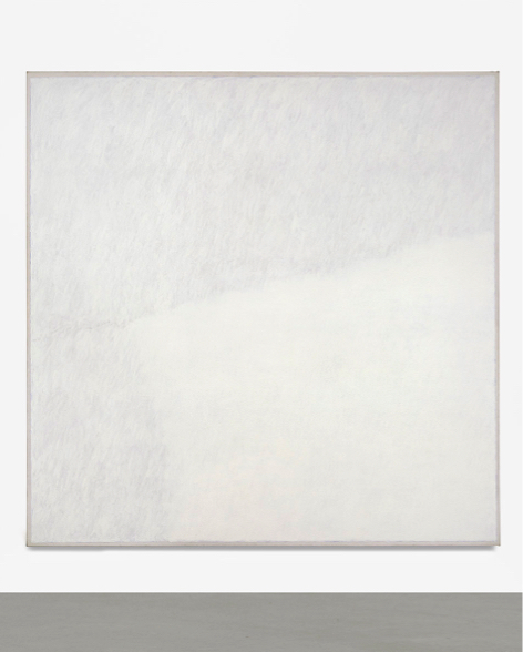A square white painting by Robert Ryman shown at the Barbican Gallery