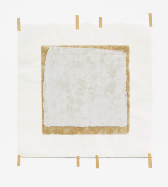 Robert Ryman, The Real Thing: the image shows a white painting attached to the wall with strips of masking tape.