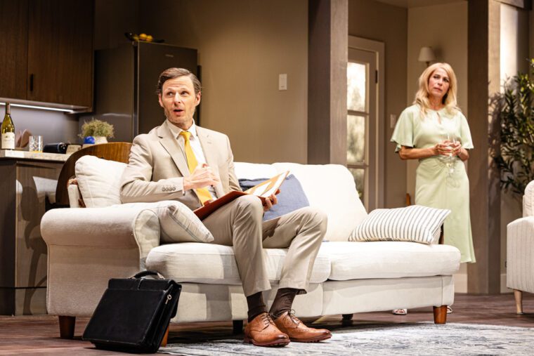 Rupert Young (Brad) and Juliet Cowan (Ellen) in 'Affluenza' at Riverside Studios - credit Danny Kaan