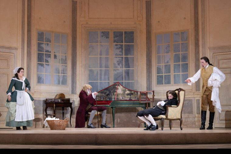 Susanna (Henna Mun), Don Basilio (Mark Milhofer), Cherubino (Rachel Roper) and Count Almaviva (Anton Beliaev).